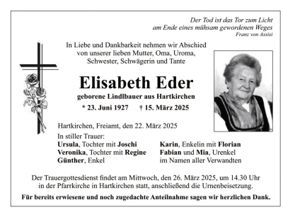 Trachtenverein Hartkirchen trauert um sein letztes Gründungs- und Ehrenmitglied Elisabeth Eder